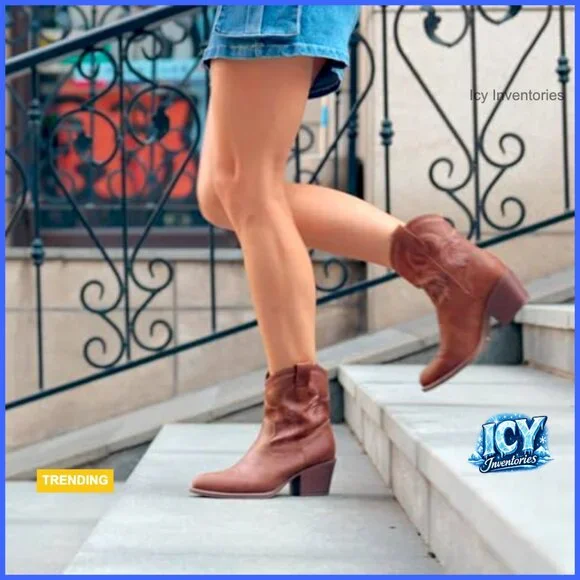 Western Cowgirl Booties with Embroidered PU Leather Ankle Boots